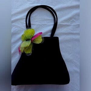 Susan Shaw‎ Black Suede Evening Handbag Green Floral Accent and Double Handles